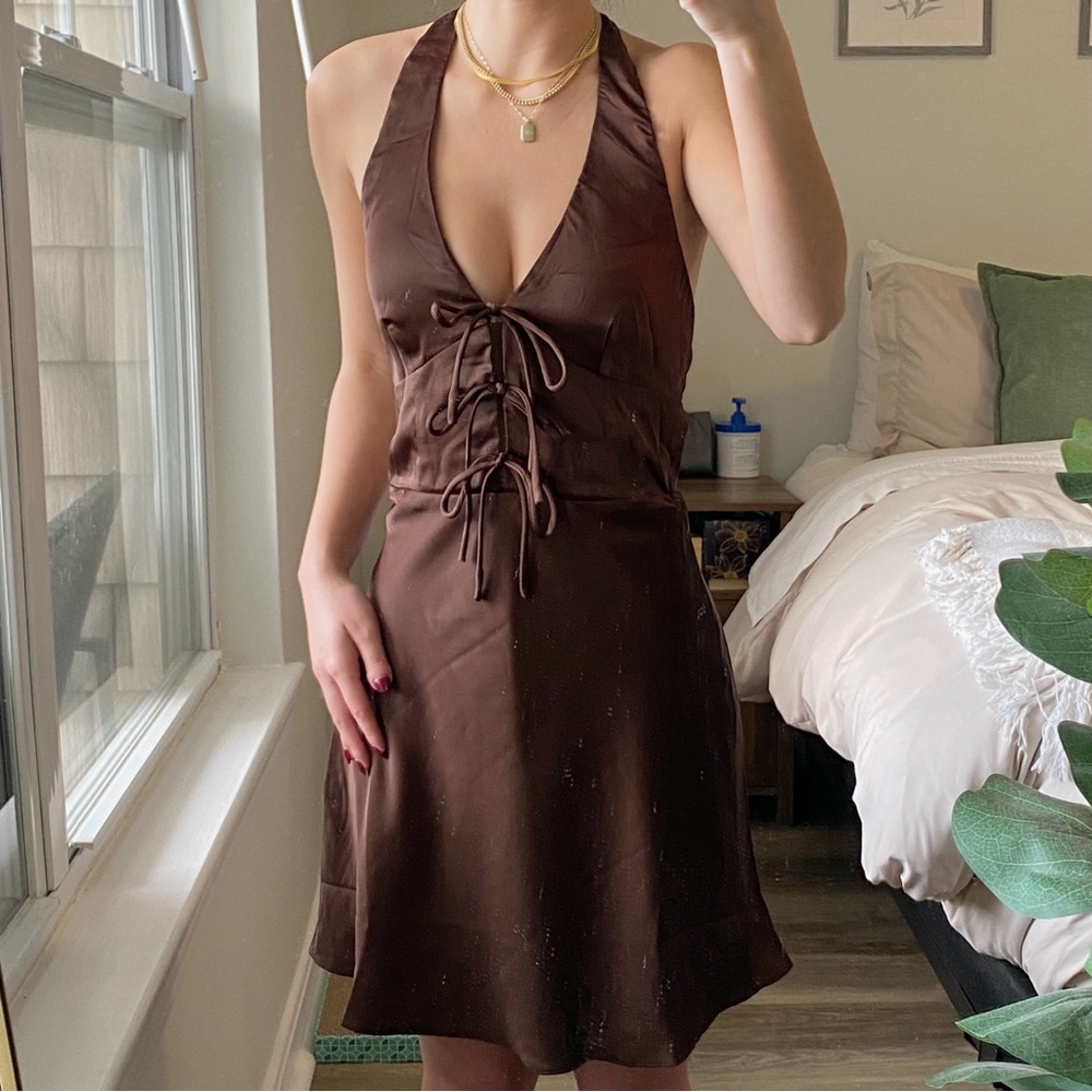 NEW Windsor Laced Up Luxe Satin Halter Mini Dress